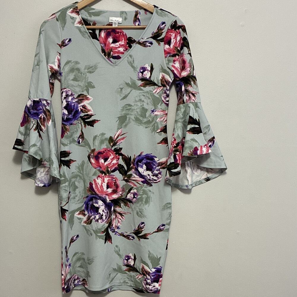 Olivia Matthews Women’s S Sage Floral Sheath Dress V-Neck Bell Sleeve Romantic